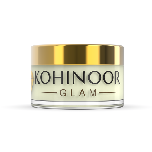 Jar of Kohinoor Glam product with gold lid on a white background