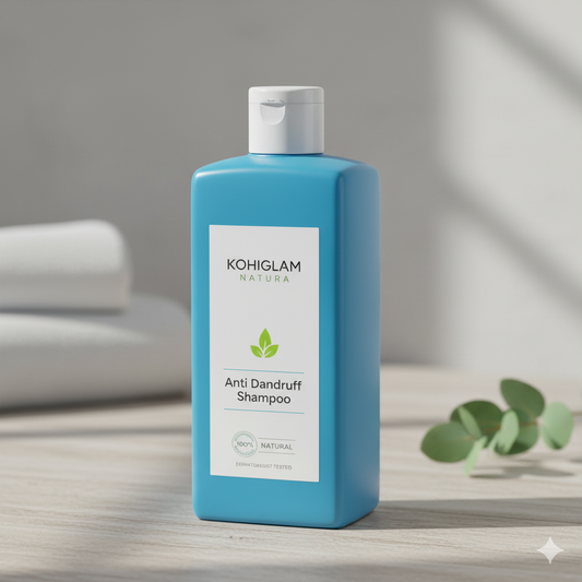 Blue shampoo bottle with white label on a wooden surface