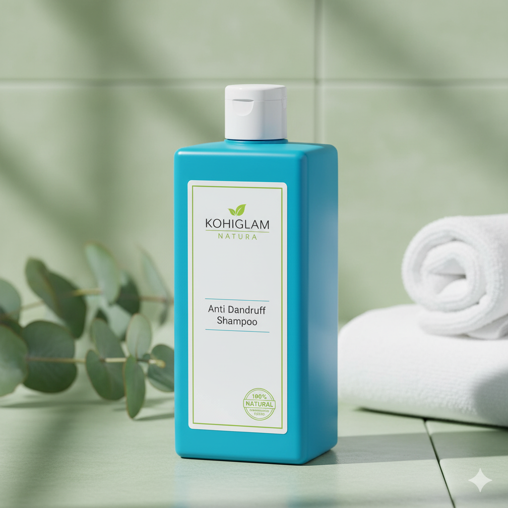 Blue shampoo bottle with white label on a light green background